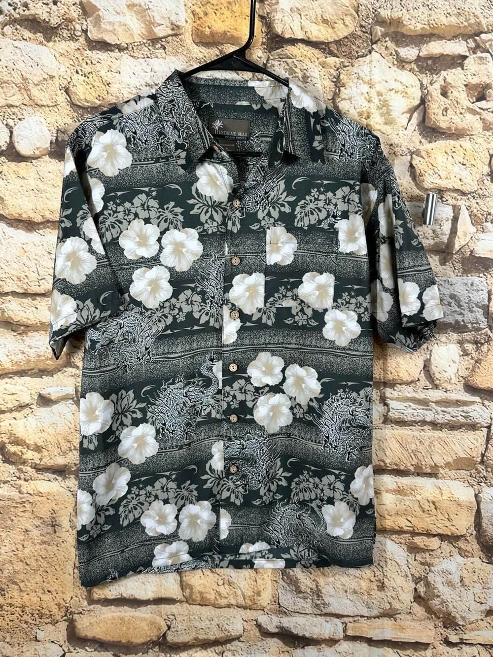 Extreme Gear Island Tropics Hawaiian Shirt Size XL Green Floral Dragon